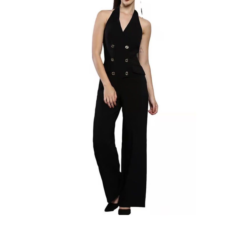 Calvin Klein Womens Black Halter Double Breasted Wide Leg Jumpsuit NWT Sz 8